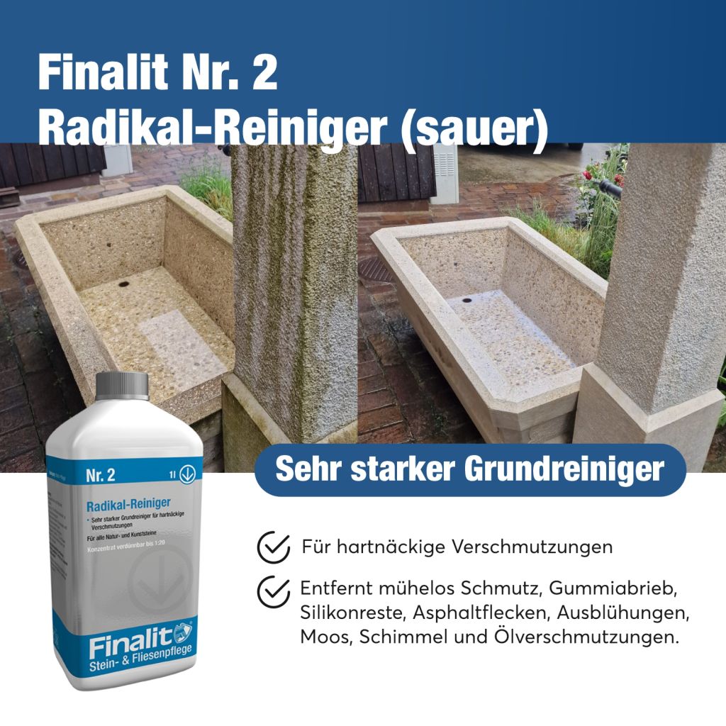 Sehr starker Grundreiniger: Entfernt mühelos Schmutz, Gummiabrieb, Silikonreste, Asphaltflecken, Ausblühungen, Moos, Schimmel und Ölverschmutzungen.