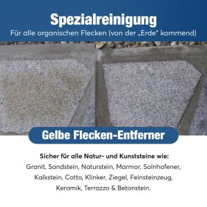 Entfernt Flecken von Holz, Karton, Pappe, Blätter, Gerbstoffe Düngemittel (mit Nr. 12 Restflecken entfernen!) Beeren, Blüten, Gras, Fruchtsäure, Laub Tee, Zigaretten, gelbe Flecken in Carrara Marmor Fugenrandverfärbungen, Rückstände von kunststoffvergüteten Fugmassen.