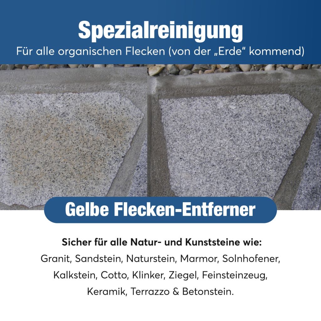 Entfernt Flecken von Holz, Karton, Pappe, Blätter, Gerbstoffe Düngemittel (mit Nr. 12 Restflecken entfernen!) Beeren, Blüten, Gras, Fruchtsäure, Laub Tee, Zigaretten, gelbe Flecken in Carrara Marmor Fugenrandverfärbungen, Rückstände von kunststoffvergüteten Fugmassen.