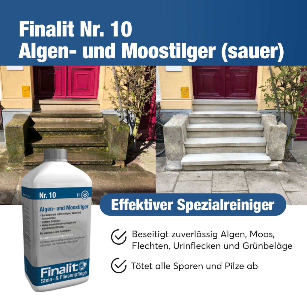 Profi Grünbelagentferner & Algenentferner: Beseitigt Algen (rot, schwarz, grün), Moos, Schimmelpilz & Grünspan. Tötet Sporen & Pilze nachhaltig ab – für langanhaltende Sauberkeit Vielseitig einsetzbar: Für alle Natur- und Kunststeine geeignet, außer polierte Weichgesteine